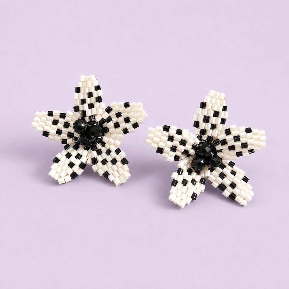 VTG Style Handcrafted Black White Checkered Flower Petal Seed Beaded Earrings